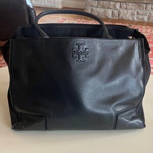 Tory Burch Black Pebbled Leather Tote with Logo